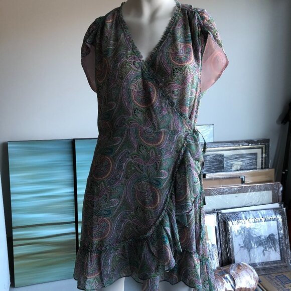 All Saints Zini Shahmina Lined Lightweight Paisley Wrap Dress Grn Pnk Sz 8 NWT - Picture 3 of 12